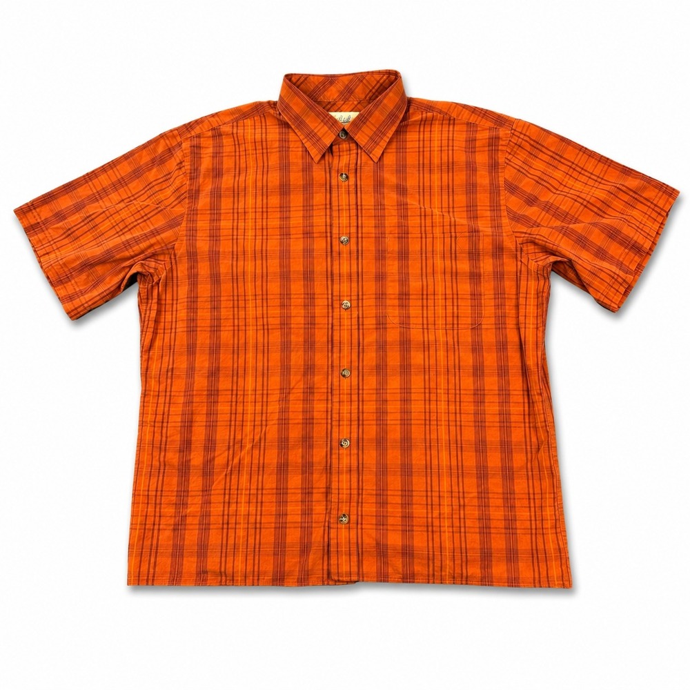 Cabelas Plaid Button Shirt Mens Large‎ Orange Short Sleeve Cotton Outdoor Casual